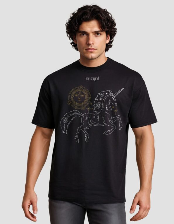 Чоловіча oversize футболка з щільної двонитки “Mystic Unicorn” чорного кольору
